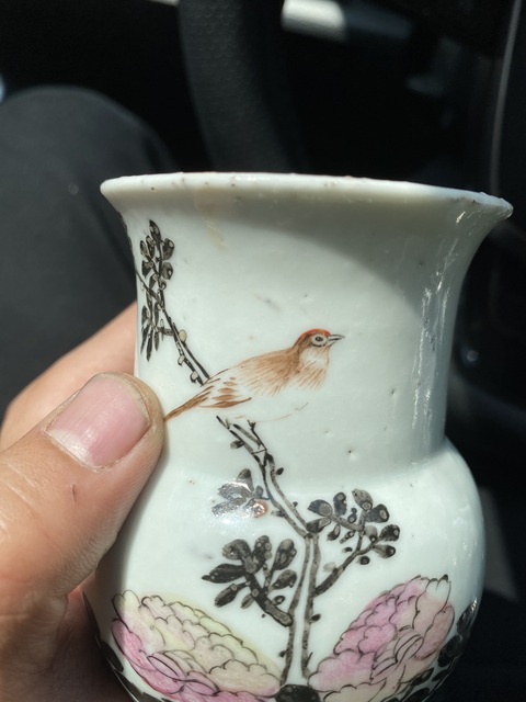 古玩陶瓷淺絳彩花鳥紋渣斗真品鑒賞圖