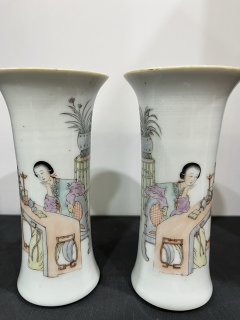 古玩字畫淺降彩仕女人物花觚一對拍賣，當前價格6000元