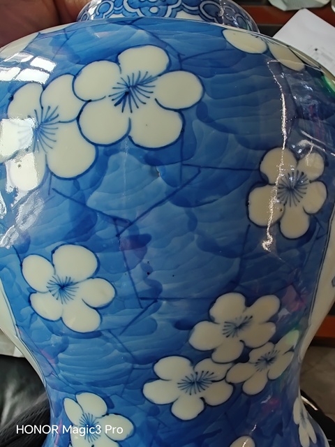 古玩陶瓷青花留白梅紋開光山水紋將軍罐真品鑒賞圖