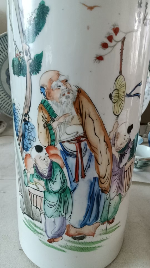 古玩陶瓷油粉彩人物故事紋帽筒真品鑒賞圖