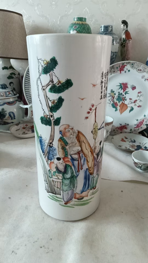古玩陶瓷油粉彩人物故事紋帽筒真品鑒賞圖