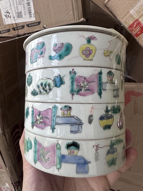 古玩陶瓷粉彩博古圖節盒真品鑒賞圖