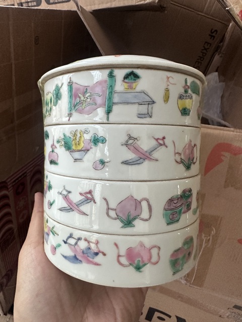 古玩陶瓷粉彩博古圖節盒真品鑒賞圖