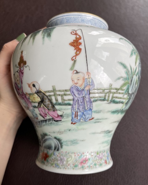 古玩陶瓷民國 粉彩嬰戲紋蓋罐真品鑒賞圖