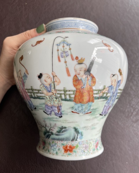 古玩陶瓷民國 粉彩嬰戲紋蓋罐真品鑒賞圖