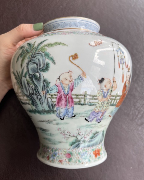 古玩陶瓷民國 粉彩嬰戲紋蓋罐真品鑒賞圖