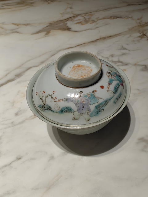 古玩陶瓷粉彩麒麟送子蓋碗真品鑒賞圖