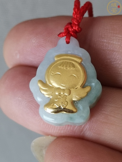 古玩玉器天然翡翠帶綠鑲嵌金福娃掛件拍賣，當前價格299元