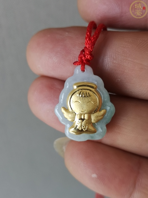 古玩玉器天然翡翠帶綠鑲嵌金福娃掛件拍賣，當前價格299元