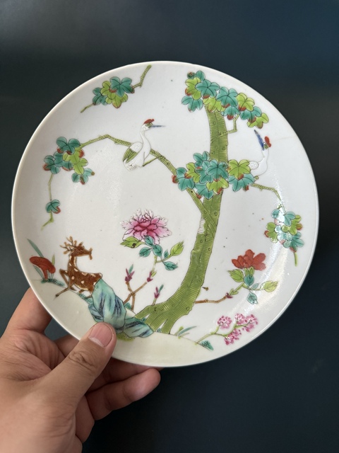古玩陶瓷清·道光鶴鹿同春粉彩盤拍賣，當前價格1500元