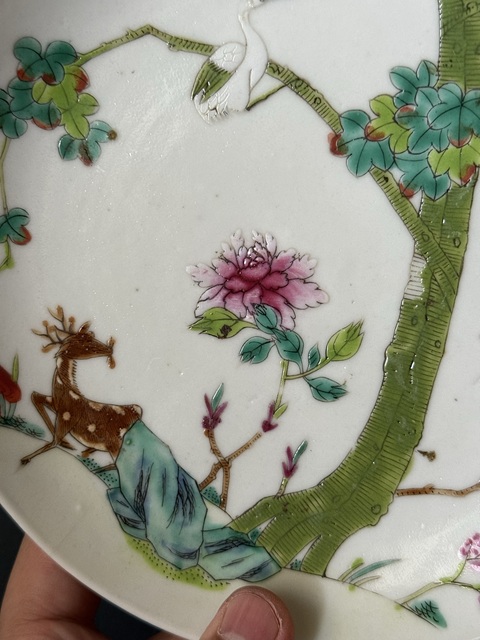 古玩陶瓷清·道光鶴鹿同春粉彩盤拍賣，當前價格1500元
