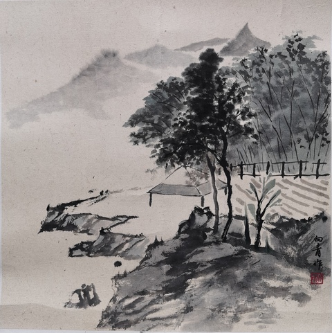 古玩字畫浙江杭州大隱畫社會員鄭向青山水拍賣，當前價格299元