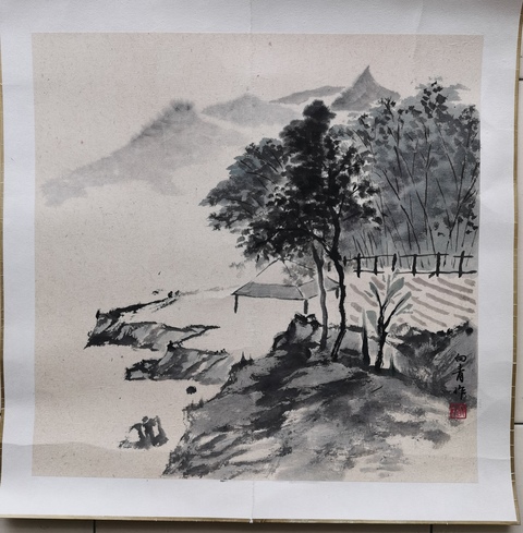 古玩字畫浙江杭州大隱畫社會員鄭向青山水拍賣，當前價格299元