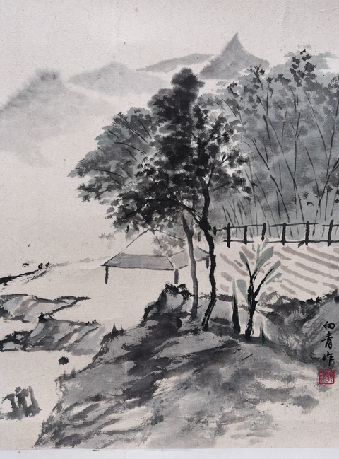 古玩字畫浙江杭州大隱畫社會員鄭向青山水拍賣，當前價格299元