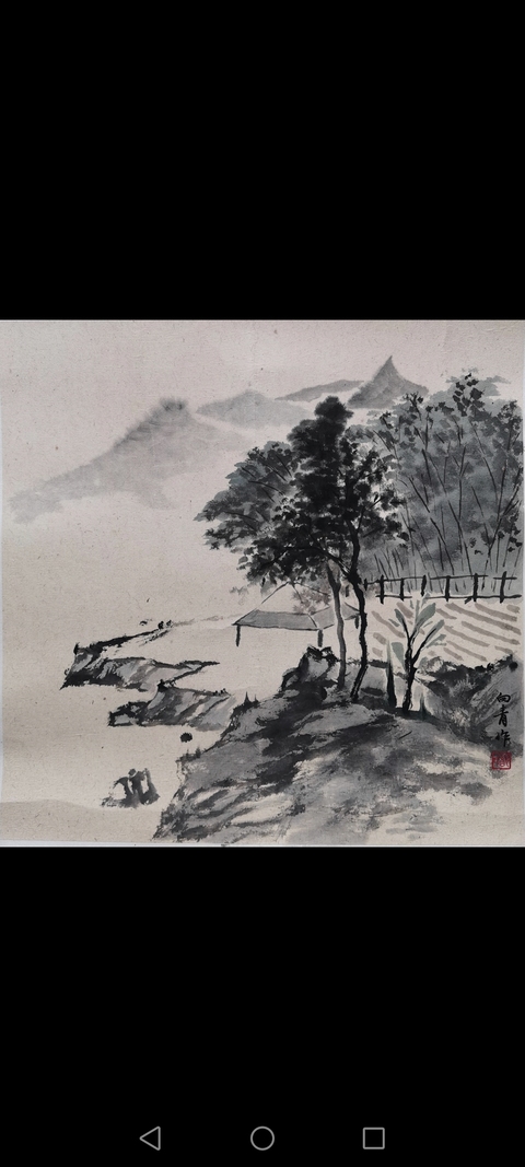 古玩字畫浙江杭州大隱畫社會員鄭向青山水拍賣，當前價格299元