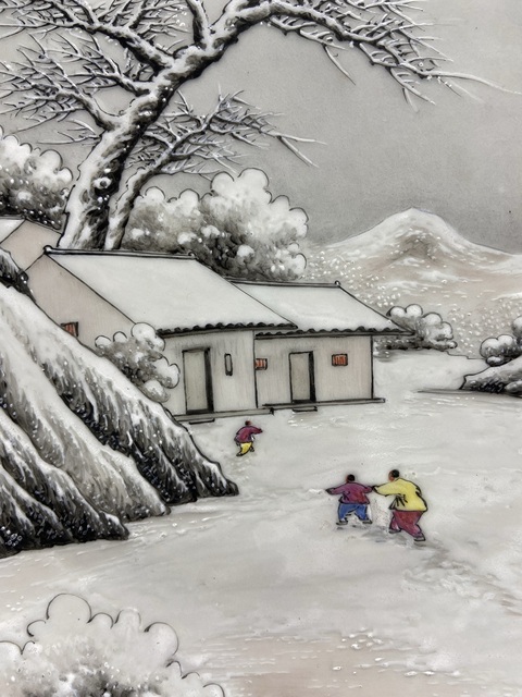 古玩陶瓷民國(guó)解放初余文襄風(fēng)格粉彩雪景山水人物盤(pán)拍賣(mài)，當(dāng)前價(jià)格98000元