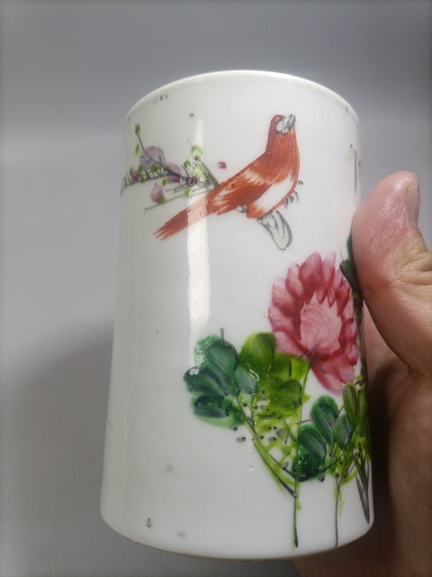 古玩陶瓷晚清民國淺絳彩花鳥紋文房筆筒拍賣，當前價格1280元