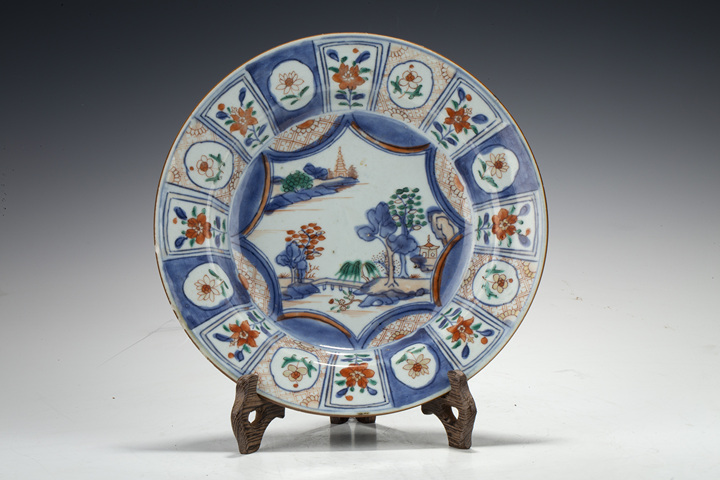 古玩陶瓷清康熙·青花五彩山水花卉紋折沿盤真品鑒賞圖