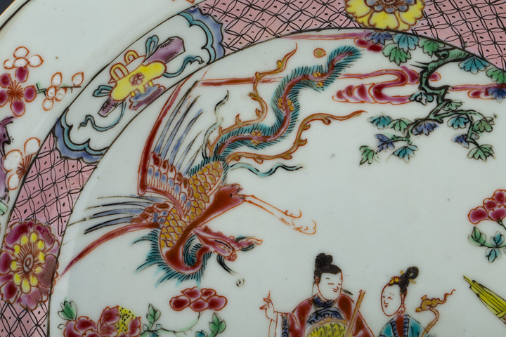 古玩陶瓷清雍正·粉彩吹簫引鳳人物紋折沿盤拍賣，當前價格608元