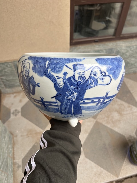 古玩陶瓷青花福祿壽三星人物紋三足香爐真品鑒賞圖