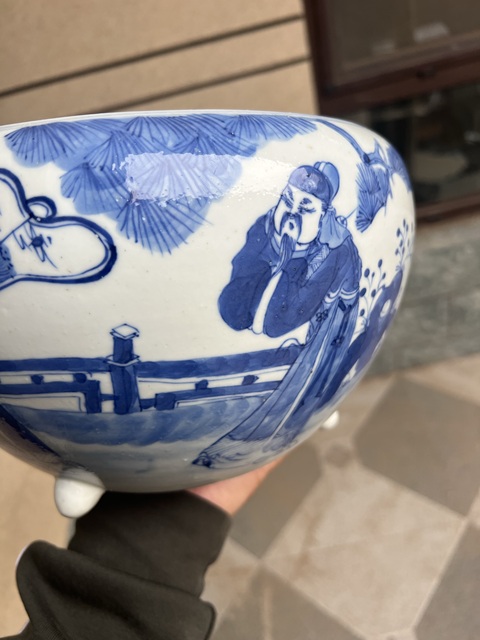 古玩陶瓷青花福祿壽三星人物紋三足香爐真品鑒賞圖