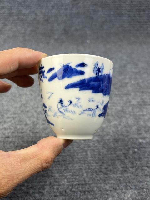 古玩陶瓷青花漁樵耕讀仰鐘杯拍賣，當前價格1388元