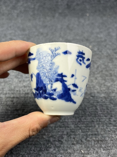 古玩陶瓷青花漁樵耕讀仰鐘杯拍賣，當前價格1388元