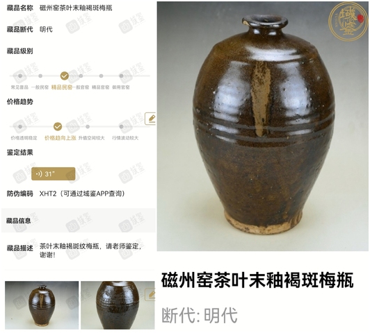 古玩陶瓷磁州窯茶葉末釉褐斑梅瓶真品鑒賞圖