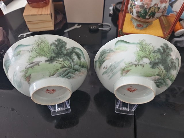 古玩陶瓷民國·粉彩山水紋碗一對  真品鑒賞圖