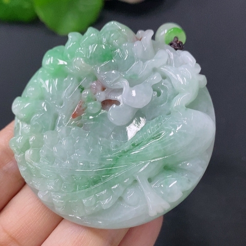 古玩玉器天然翡翠鳳戲牡丹玉墜(帶翡翠鑒定證書)拍賣，當前價格2800元