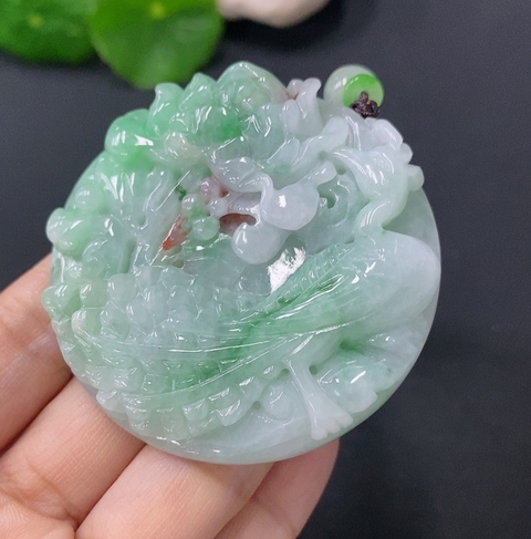 古玩玉器天然翡翠鳳戲牡丹玉墜(帶翡翠鑒定證書)拍賣，當前價格2800元