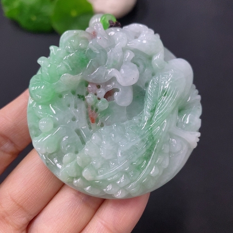 古玩玉器天然翡翠鳳戲牡丹玉墜(帶翡翠鑒定證書)拍賣，當前價格2800元