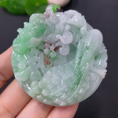古玩玉器天然翡翠鳳戲牡丹玉墜(帶翡翠鑒定證書)拍賣，當前價格2800元