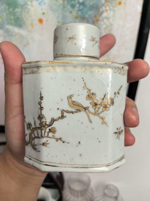 古玩陶瓷康熙描金花鳥茶葉罐真品鑒賞圖
