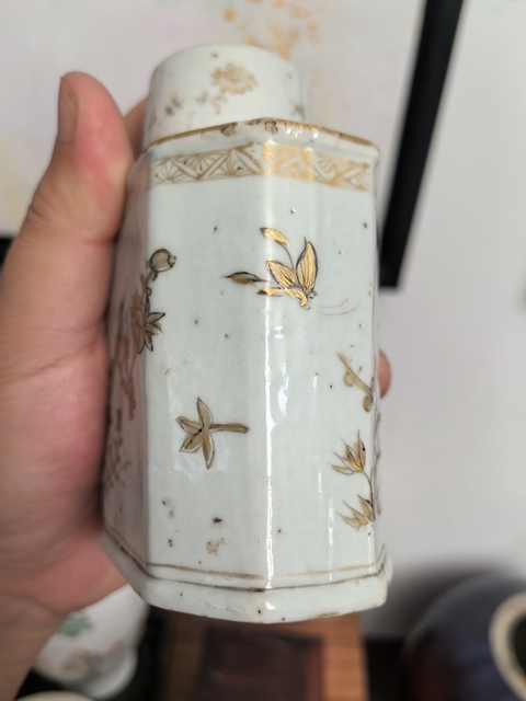 古玩陶瓷康熙描金花鳥茶葉罐真品鑒賞圖