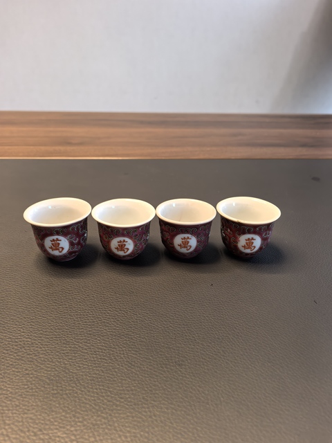 古玩陶瓷一套胭脂紅粉彩萬壽無疆杯拍賣，當前價格198元