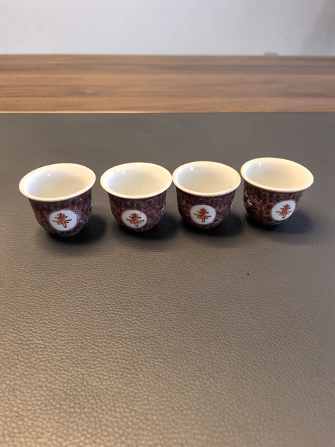 古玩陶瓷一套胭脂紅粉彩萬壽無疆杯拍賣，當前價格198元