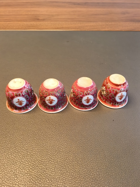 古玩陶瓷一套胭脂紅粉彩萬壽無疆杯拍賣，當前價格198元