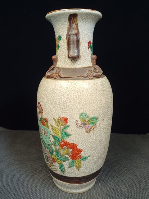 古玩陶瓷哥釉地鐵銹釉鳳凰牡丹紋瓶真品鑒賞圖