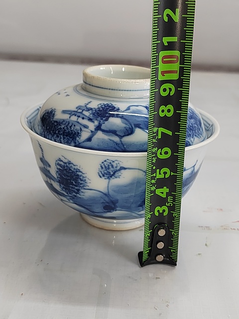古玩陶瓷日本明治青花山水人物蓋碗真品鑒賞圖