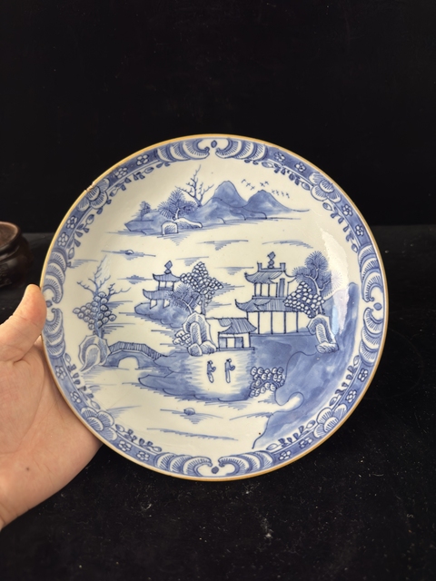 古玩陶瓷清乾隆青花山水人物盤拍賣,當前價格888元