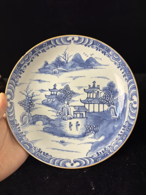古玩陶瓷清乾隆青花山水人物盤拍賣,當前價格888元