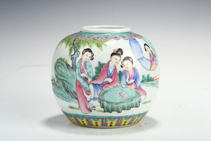 古玩陶瓷民國·粉彩仕女紋罐真品鑒賞圖