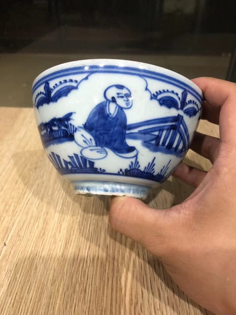 古玩陶瓷(精品明代碗)晚明·青花庭院嬰戲圖·青花碗拍賣,當前價格2948元
