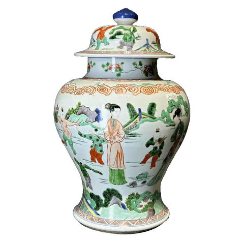 古玩陶瓷仕女嬰戲紋五彩將軍罐真品鑒賞圖
