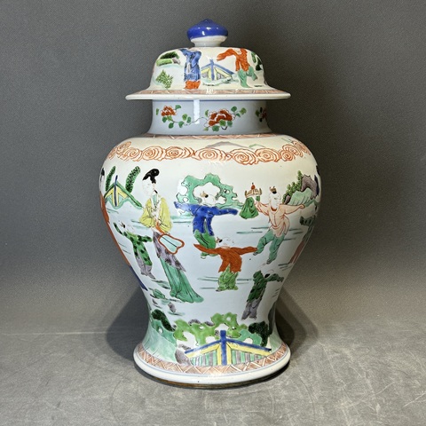 古玩陶瓷仕女嬰戲紋五彩將軍罐真品鑒賞圖