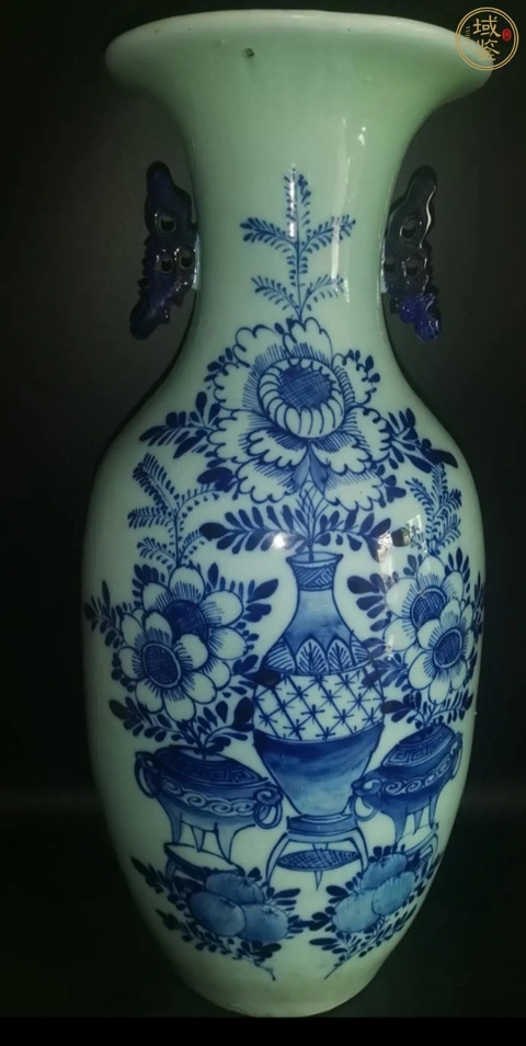 古玩陶瓷清晚期豆青博古花卉大瓶拍賣，當前價格1188元