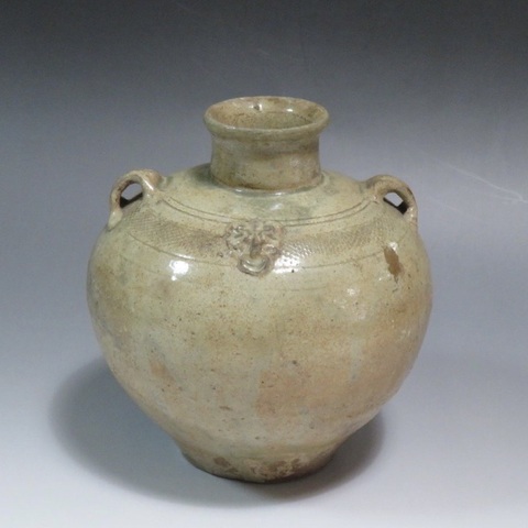 古玩陶瓷越窯青瓷雙系鋪首罐真品鑒賞圖