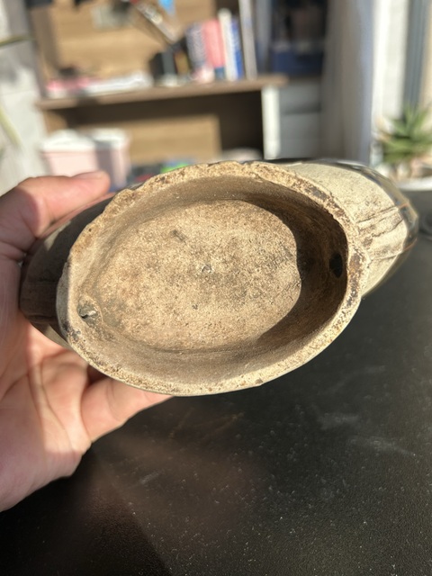 古玩陶瓷金元耀州黑釉樹葉紋穿戴扁壺（馬背上的壺）拍賣，當前價格1152元