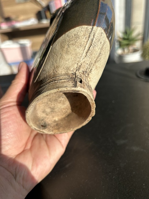 古玩陶瓷金元耀州黑釉樹葉紋穿戴扁壺（馬背上的壺）拍賣，當前價格1152元